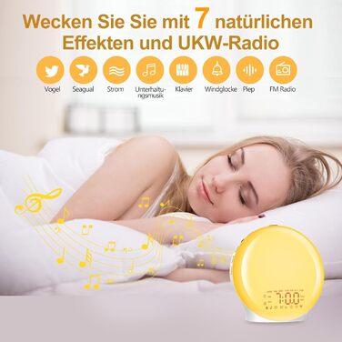 Bluetooth Alarm Clock, Daylight Alarm Clock, Wake-Up Light with Sunrise/Sunset Simulation, 17 Color Lights, 22 Sleep Sounds, Snooze, Two Alarms, FM Radio, for Heavy Sleepers & Kids