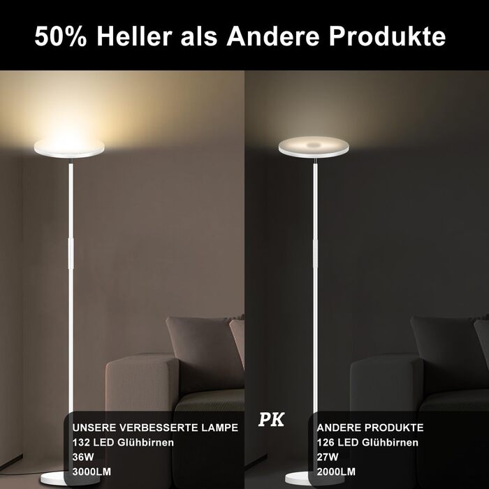 Стельова LED-лампа для вітальні Stehlampe Wohnzimmer: 4200LM, регулювання яскравості, пульт та сенсорне управління, 36W, тепле/холодне світло