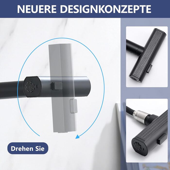 Кухонний змішувач AIMADI висувний, чорний, з 3-сторонньою душовою насадкою, 38 см шланг, однорідний міксер для холодної та гарячої води, для раковини та кухонного острова, водоспад, чорний