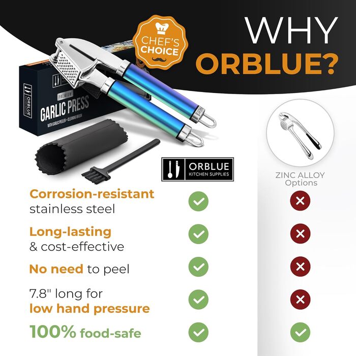 Пресс для часнику ORBLUE з нержавіючої сталі – преміум якість, з силіконовим очищувачем та щіткою, міцний та придатний для миття в посудомийній машині
