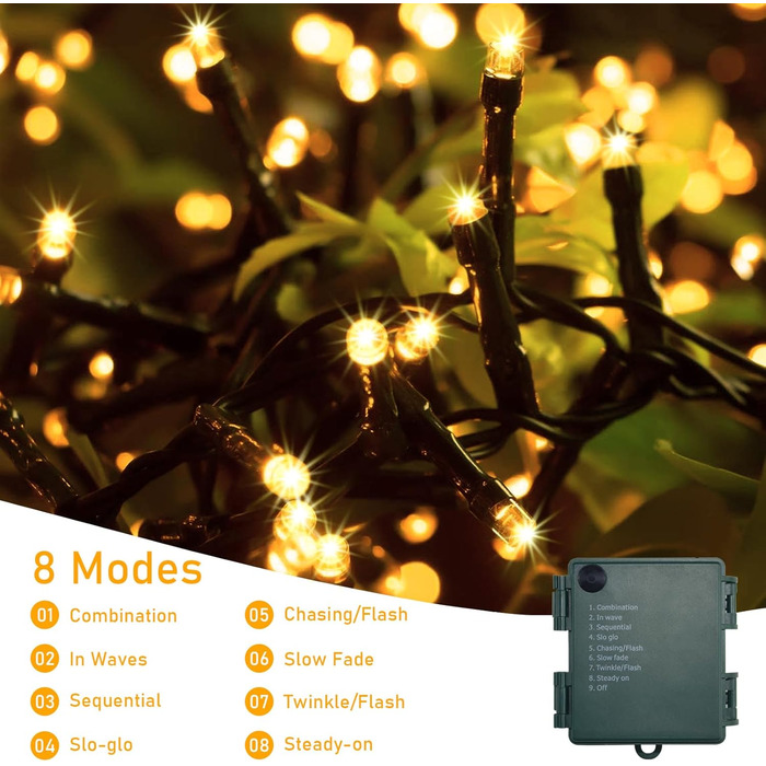 Гірлянда світлодіодна святкова, 30м, 300 LED, з таймером, 8 режимів, водонепроникна, зелений кабель, тепле біле світло, для декору, вечірок, саду, на різдво