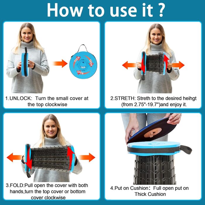 Складаний стільчик Alevmoom: міцний, телескопічний, з подушкою, 50 см, 450 кг, для риболовлі та кемпінгу (синій)