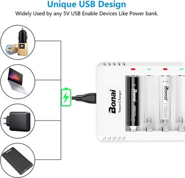 Зарядний пристрій BONAI для акумуляторів AA/AAA NI-MH з LED дисплеєм та USB, 8 слотів, швидка зарядка