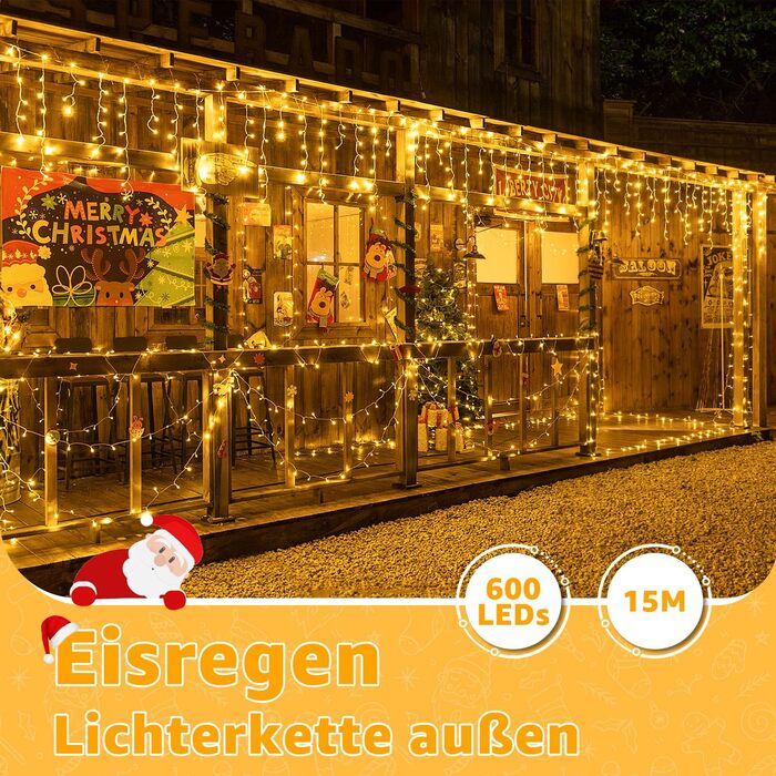 Ланцюжок прикрас з LED-ліхтариками Ollny Eisregen для вулиці, 15 м, 600 LED, тепле світло, 8 режимів, водонепроникний, з пульта, для балкона, даху, вікна, дому, огорожі