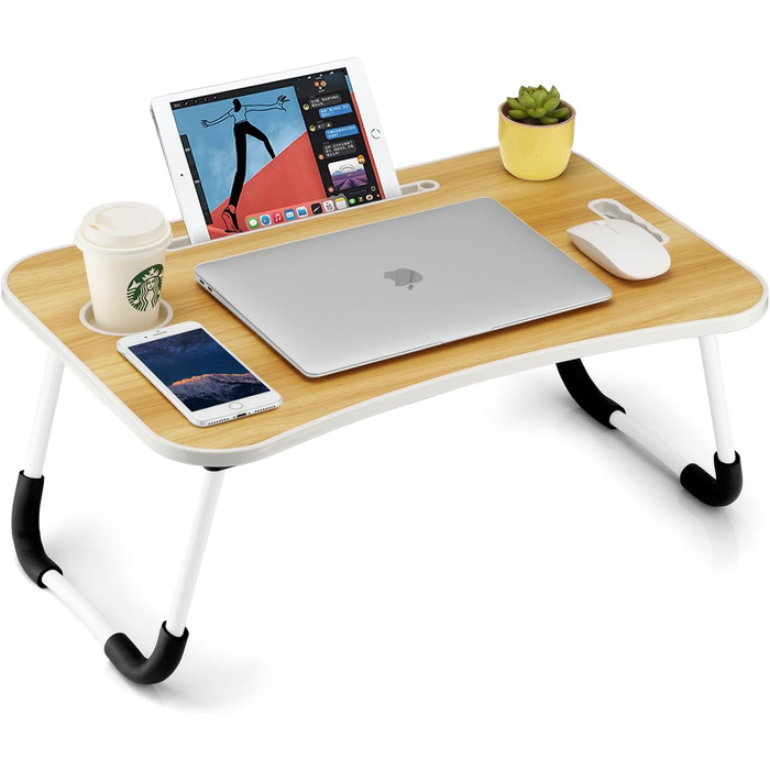 Складаний столик для ноутбука, портативний столик на колінах, приліжковий столик, підставка для ноутбука з тримачем для напоїв та слотом для планшета (Рожевий, Дерево)