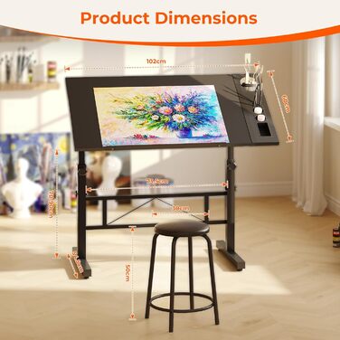 Adjustable Drafting Table with Tilting Surface (0-60°) - Height Adjustable Art Table with Stool and Storage for Home & Office - Black Wood Finish