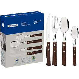 Tramontina TRADICIONAL Cutlery Set for 6 Persons, 24-Piece, Steak Cutlery, Serrated Steak Knives, Dinner Forks, Dinner Spoons, Coffee Spoons, Natural Wood Handles
