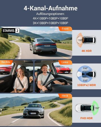 Автомобільний відеореєстратор 4K 360° з 4-канальною камерою та цілодобовим режимом паркування, N500, матово-чорний