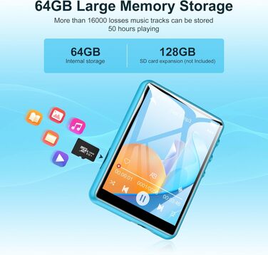 MP3 плеєр SWOFY з Bluetooth 5.3, 64GB HiFi музичний плеєр з динаміком, FM-радіо та диктофоном, 2.4