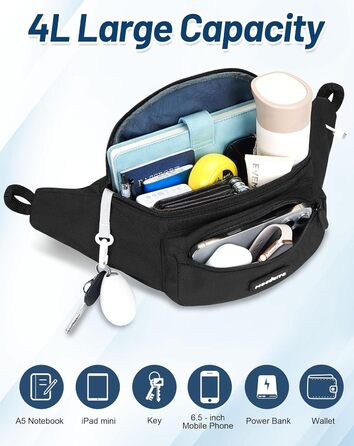 Поясна сумка для жінок та чоловіків, чорна, водонепроникна, 4L, для бігу, спорту, подорожей, активного відпочинку, фітнесу, з дощовиком