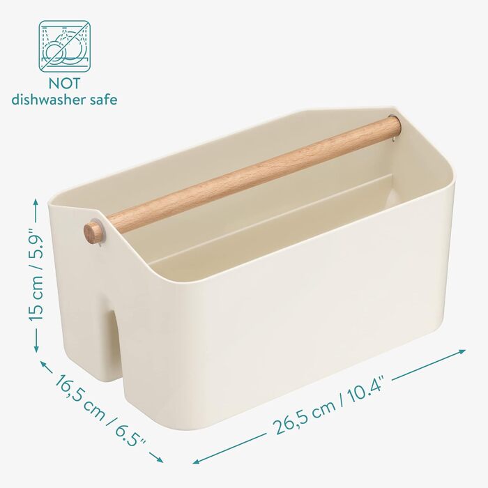 Navaris Storage Box with Wooden Handle - 2 Compartment Box Organizer for Bathroom Kitchen - Basket Storage for Cutlery Cleaning Supplies Portable Small - Cream White