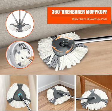 Набір для миття підлоги з відром, моп з функцією віджиму, складне відро з педаллю та 2-камерним відром, повний набір з 3 мікрофібрових насадок для ламінату, паркету та плитки (темно-сірий)