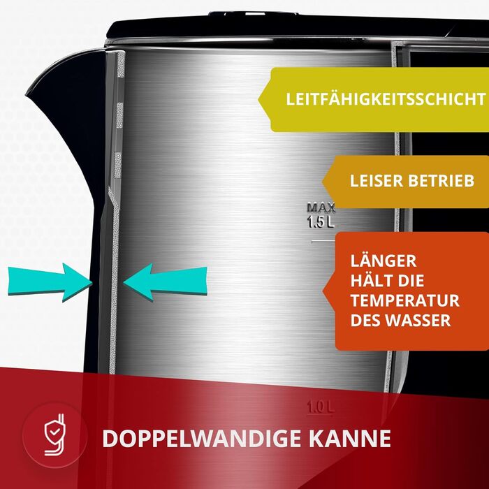 Електричний чайник MPM MCZ-120, 1.5L, з подвійними стінками, регулювання температури 40–100°C, нержавіюча сталь, 2200W, тихий, швидкий, сенсорне управління, легкий, елегантний, білий (чорний)