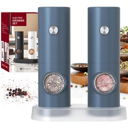 Електричні млинці для солі та перцю CIRCLE JOY, набір 2 шт., з підсвіткою LED, регульованим помелом, чорний (на батарейках, з підставкою - синій)