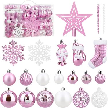 SOLEDI® Набір з 128 штучок преміум ялинкових прикрас - кульки з пластику білого кольору з зіркою на верхівку. Міцний та безпечний набір ялинкових прикрас з гачками. Ялинкові кульки кольорові, багаторазовий декор на Різдво (рожевий)