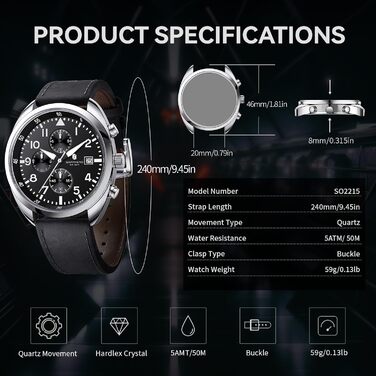 Годинник чоловічий SAPPHERO кварцові з шкіряним ремінцем. Класичний бізнес-годинник для чоловіків, водонепроникність 50 метрів, арабські цифри, хронограф (срібно-чорний)