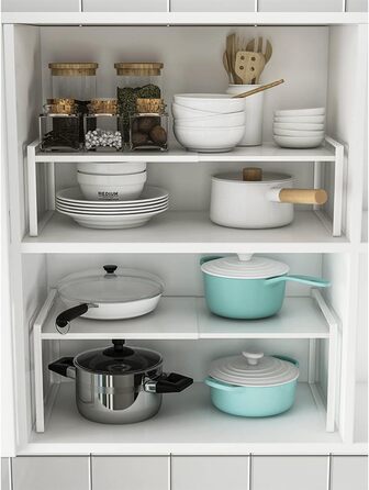 KZOBYD Expandable Kitchen Shelf, Foldable Kitchen Cabinet Shelf Spice Rack Organizer for Dishes and Supplies Stackable Kitchen Storage Organizer for Extra Storage Space (White, ) (White, L)