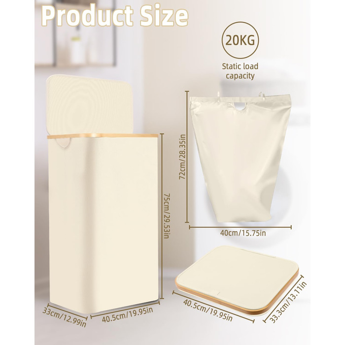 Laundry Basket with Lid 100L, Laundry Box with Bamboo Handles and Inner Pocket, Bamboo Laundry Collector, Large Capacity, Laundry Baskets, Foldable Laundry Baskets for Laundry Room, Bedroom, Bathroom (Beige)