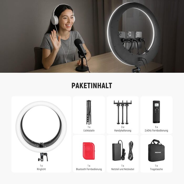 NEEWER Ringlicht RP19H 19 дюймів з триподом та 3 тримачами для телефону, дистанційне керування 2.4G, плавне регулювання яскравості, LCD та сенсорне керування, 42W CRI 97+ 2540 Lux, для стрімінгу, дому, офісу, Zoom, освітлення, кільцева лампа з пусковим пр