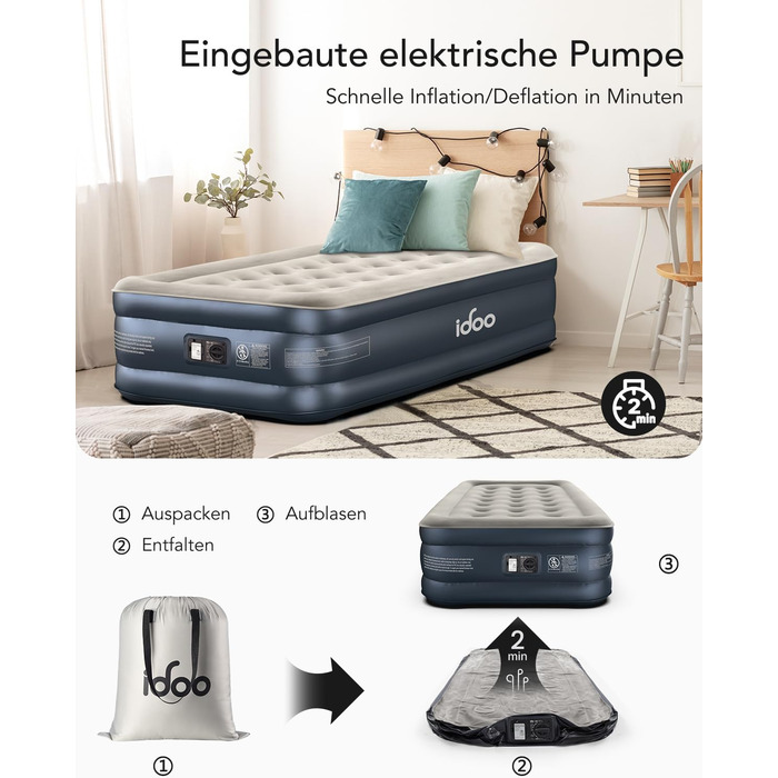 Надувний матрац iDOO для 2 осіб з електричним насосом, 152x203x46 см, для кемпінгу, 295 кг MAX