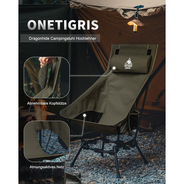 Стілець для кемпінгу OneTigris DRAGONHIDE, висока спинка, 125 кг, складний, легкий, для риболовлі з 2 кишенями, для відпочинку на природі, піших прогулянок (Ranger Green)