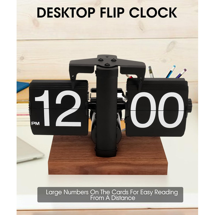 Yusat Retro-Flip Clock, Vintage Table Clock, digital, automatic flipping, battery-powered, mechanical desk clock, black, ideal for home, office, room decoration (Battery