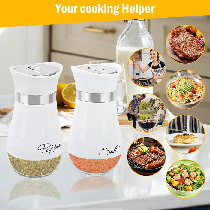 Набір солі та перцю з нержавіючої сталі з скляним дном, для кухні, грилю та кемпінгу (білий)