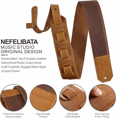 Шкіряний ремінь для гітари Nefelibata 2.3' з м'якою підкладкою (жовтий, тиснення) - для бас, електро та акустичної гітари