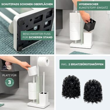 Набір для туалету Eluno Stand-WC 4 в 1: підставка, щітка, 2 змінні насадки, тримач для туалетного паперу на 3 рулони, полиця, скляна та металева поверхня (білий)