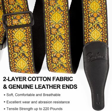 Гітарний ремінь Jacquard з бавовни з шкіряними кінцями для бас-гітари, акустичної та електрогітари, жовтий