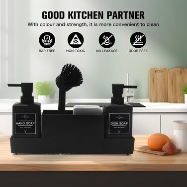 Dish Soap and Hand Soap Dispenser Kitchen Set with Sponge Holder and Brush, Dish Soap Dispenser Kitchen Black, Soap and Dish Soap Dispenser Set Kitchen Gadget Sink Organizer with Soap Dispenser (Black, 4 in 1)