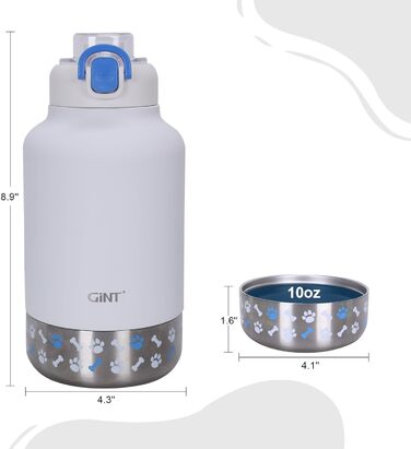 GiNT Ізольована пляшка для води з нержавіючої сталі для собак та людей, багатофункціональний дорожній диспенсер з знімними мисками та сумкою, водонепроникна годівниця для тварин для прогулянок, походів, кемпінгу, авто, білий/розкішний сад