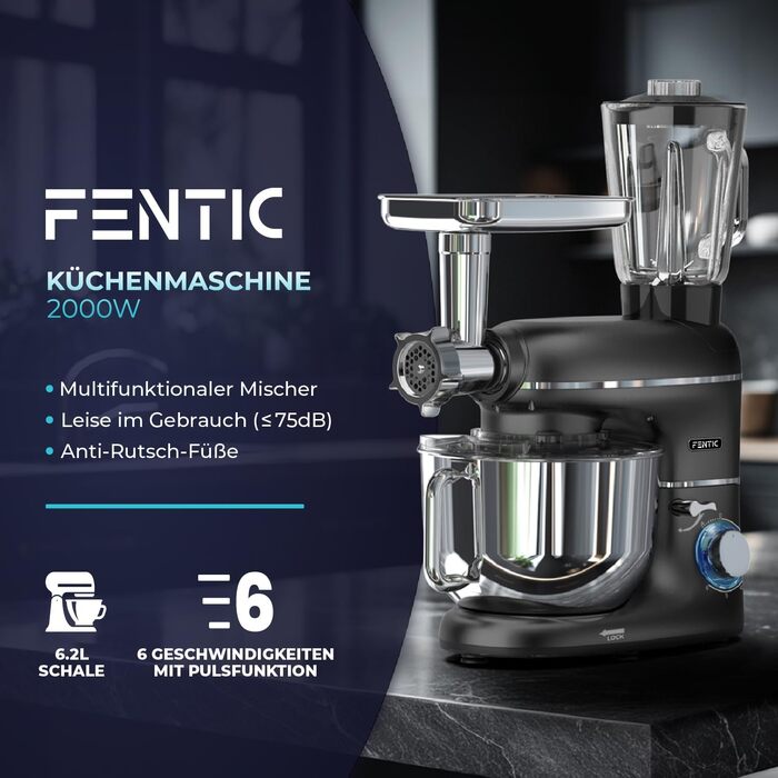 Кухонна машина Fentic 6-в-1 – 2000W з м'ясоподрібнювачем, соковитискачем 1,5л, слайсером та ін. – міксер з чашею 6,2л, гаком для тіста, вінчиком та захистом від бризок (Чорний)