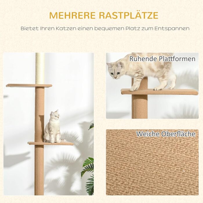 PawHut Cat Tree, Ceiling-High, 228-260 cm Adjustable Height Cat Tree/Climbing Tree for Cats with 3 Levels, Cat Scratching Post, Floor-to-Ceiling Play Tree (Khaki)