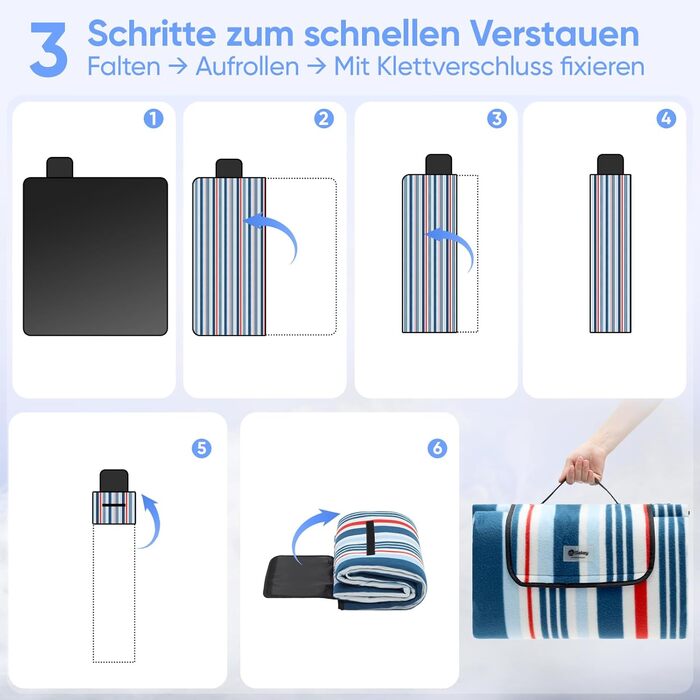 Килимок для пікніка Sekey 200x200 см, вологостійкий, пісконепроникний, для пляжу та кемпінгу, блакитно-білий у смужку