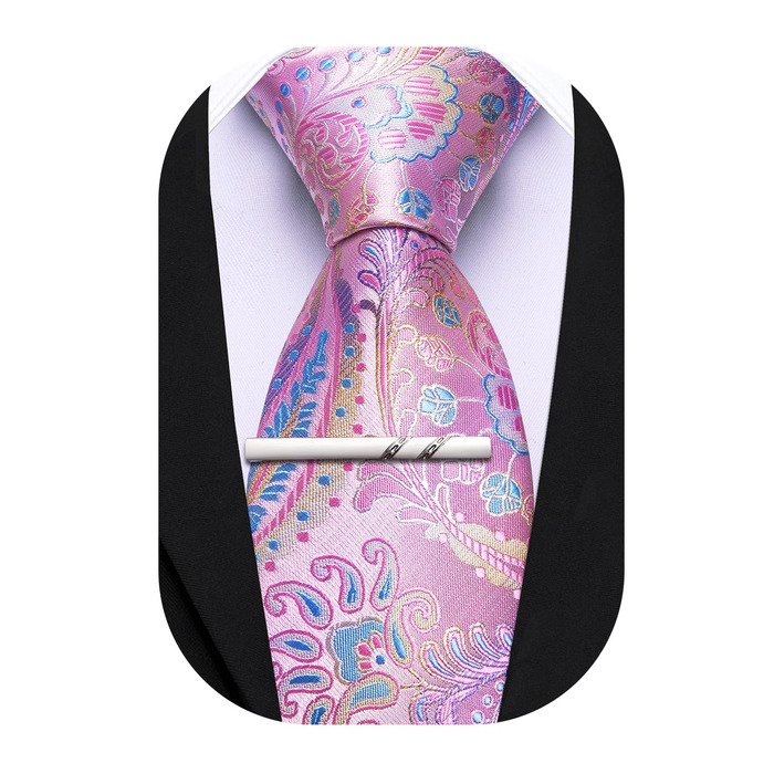 Краватка Paisley від Barry.Wang, Шовкова, Тканий комплект з краваткою та краватковою скріпкою, для весілля, свят, бізнесу, офіційних заходів, Синьо-рожевий