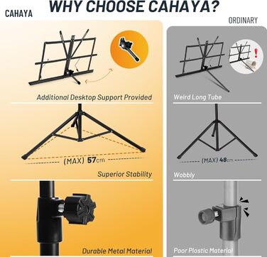 Підставка для нот Cahaya з металу, портативна, з чохлом та кліпсою для нотника, чорна