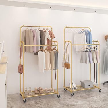 Clothes rack with double bar, sturdy clothes rack on wheels for hanging clothes, with 4 hooks, gold