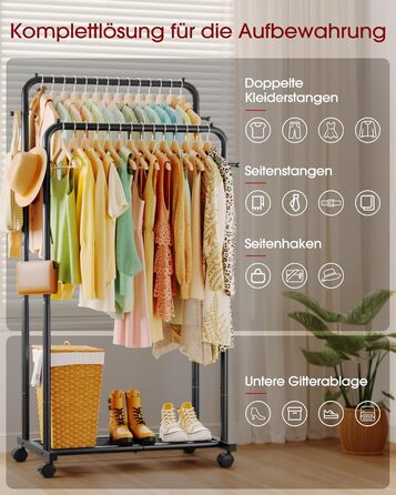 Підвісна штанга для одягу на колесах з сітчастою полицею та гачками, 73 x 42 x 150 см, чорний колір