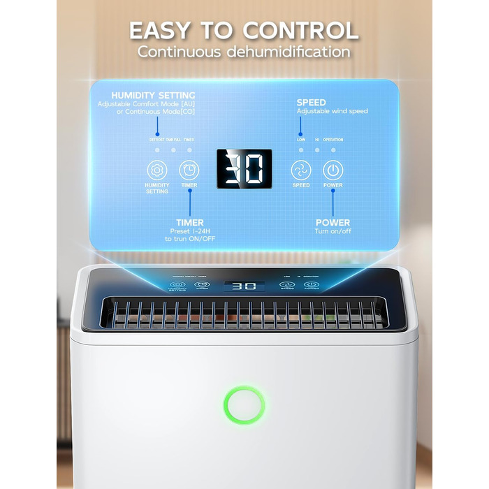Електричний осушувач повітря 12л/24г з автоматичним та безперервним зливом (шланг у комплекті), для спалень та підвалів, LED-дисплей, тихий з таймером
