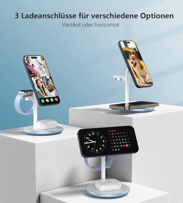 3-в-1 Індукційна зарядка для декількох пристроїв: iPhone 15/14, iWatch, AirPods, білий (блакитний)