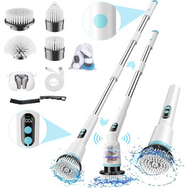 Electric Cleaning Brush, 12-in-1 Electric Spin Scrubber Cordless with 8 Replaceable Brush Heads, Electric Cleaning Brush with Adjustable Handle for Bathroom, Kitchen, Tiles, Floors, Car (White) (8 in 1 with Remote Control)