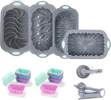 Tongude 45-Piece Silicone Baking Mold Set, 4-Cup Silicone Baking Pan for Baking Bread, Ribbed Cupcake, Non-Stick Kitchen Baking Molds, with Measuring Cup and Spoon Set, gray