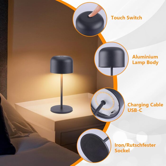 Акумуляторний LED настільний світильник Klighten з димером, чорний (2 шт.). Водонепроникний IP54, USB-C, 3 кольори світла (3000K-6000K), алюмінієвий, 21 см.