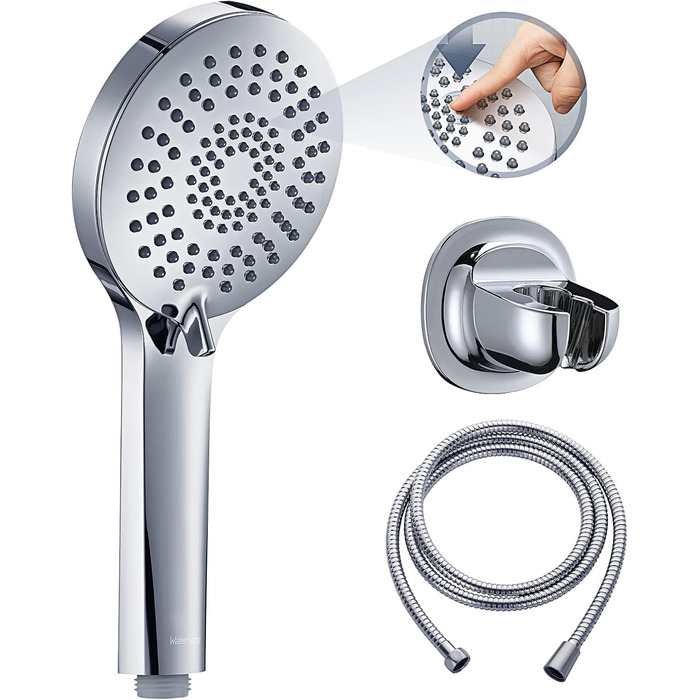 Showerhead Set, 3 Functions, Liquid Silicone - Showerhead Set with Hose and Holder, High Pressure and Water-Saving, Universal with G1/2 inch Connection, Chrome Showerhead for All Family Members