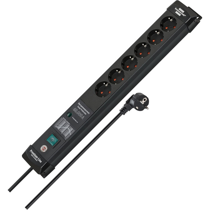 Бренненштуль Преміум-лайн: мережевий фільтр 6 виходів з захистом від перенапруги до 60 000A (з вимикачем та 3м кабелем, для монтажу на стіну, Made in Germany), чорний (струмопровід 60 000A, комплект мережевої стрічки)