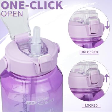 2L Tritan Water Bottle with Straw & Time Marker 2 liter BPA-free Motivational Water Bottle with Clock Large Sports Bottle for Gym, Fitness, Hiking (Transparent Purple / Green)