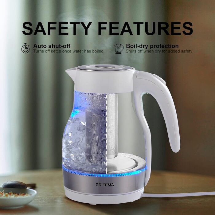Електричний чайник GRIFEMA 0.8L, 1100W з фільтром від накипу, тихий, швидкий, BPA-Free, для подорожей, автоматичне вимкнення, захист від перегріву, білий (скло з ситом 1.7L)