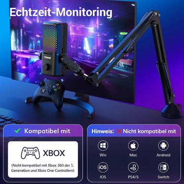 Мікрофон TONOR TCX3 для Xbox з RGB підсвічуванням, бездротовий, для стрімінгу та подкастингу, з регулюванням гучності, чорний