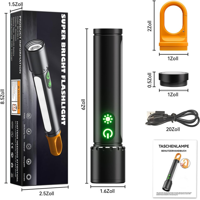 Ліхтар LED акумуляторний 500000 люмен, 9 режимів, XHP90.2, Zoom, IPX7, водонепроникний, для кемпінгу, туризму, надзвичайних ситуацій, чорний